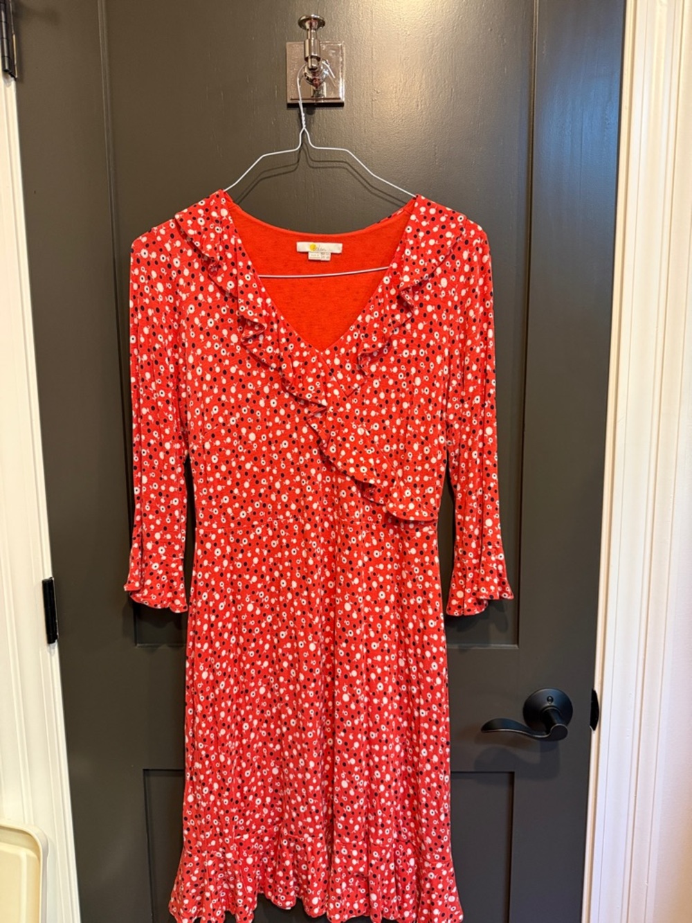 Boden Red Floral Ruffle-Trim Wrap Dress